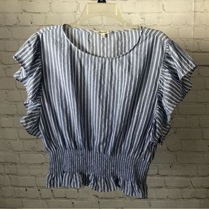 Women's Madewell Blue and White Striped Ruffled and Shirred Blouse. Size Medium